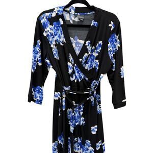 Covington Petite Black Blue Floral Faux Wrap Dress 3/4 Sleeve Belted Size - XLP